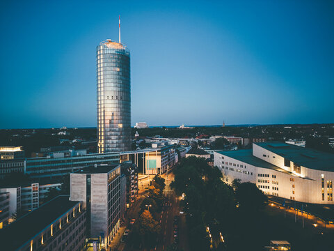 Famous Tower and Aalto Theater in Essen at dusk