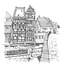 Travel sketch of Ulm, Germany. Historical building, old town line art. Urban sketch in black color isolated on white background. Freehand drawing. Hand drawn travel postcard.