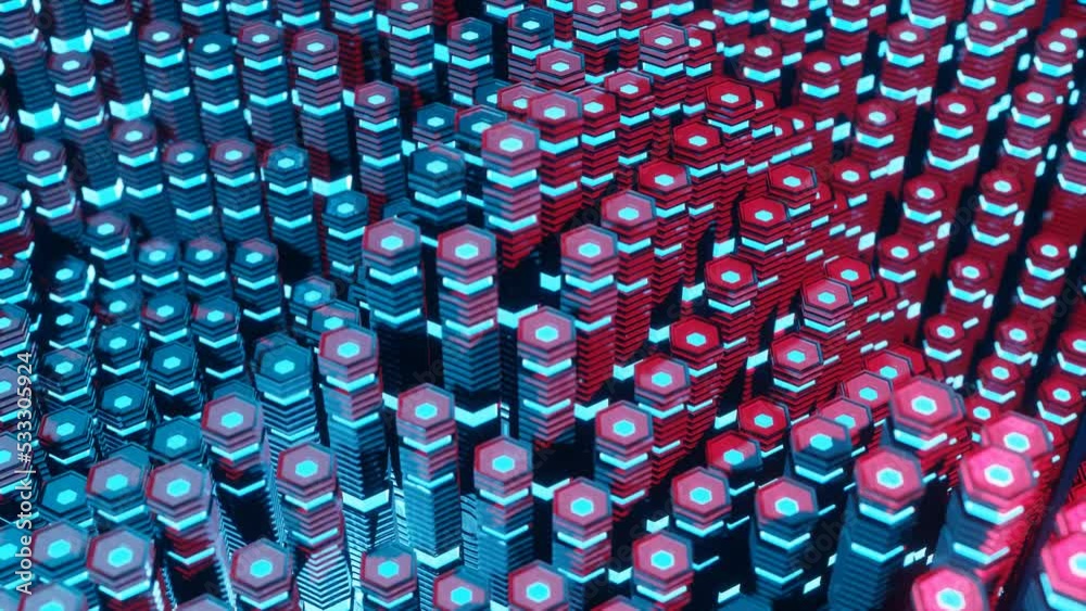 Poster Hexagonal columns in neon glowing light background. 3D rendered loop video. Abstract blue and pink technologic seamless looped animation. Hyperrealistic dimensional geometrical patterned visual