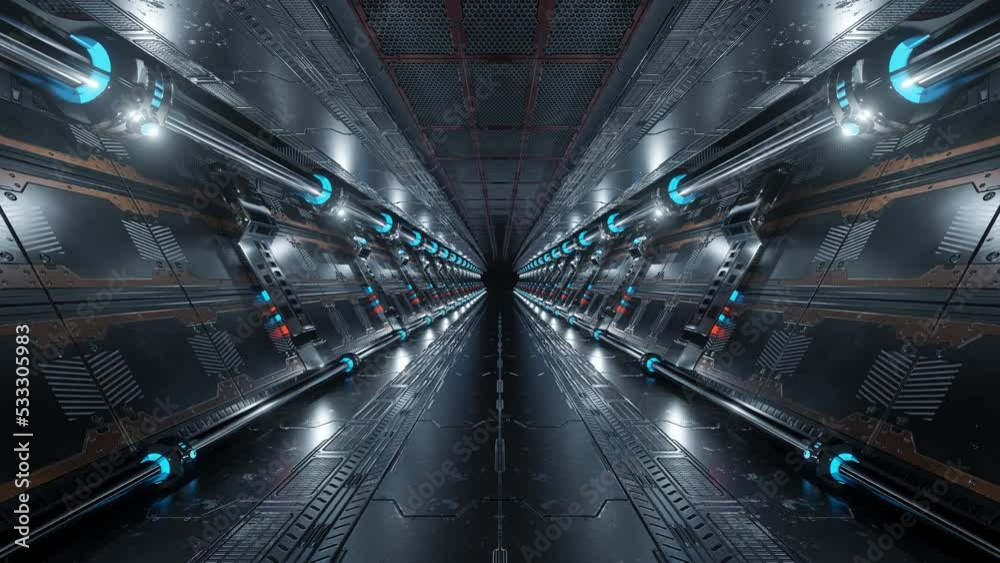 Aufkleber 3D rendered animated loop of a spaceship background in space station going dark. Futuristic interior corridor with blue neon lights walls. Hyperrealistic seamless lopped animation tunnel