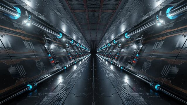 3D rendered animated loop of a spaceship background in space station going dark. Futuristic interior corridor with blue neon lights walls. Hyperrealistic seamless lopped animation tunnel