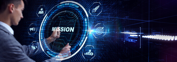 Mission concept. Finacial success concept on virtual screen. Business, technology, internet and networking concept.