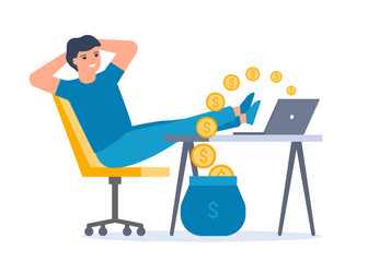 Fototapeta premium Passive income, internet salary, getting money on computer. Man work and relax in chair while coins fly out of computer. Easy earning money. Vector illustration