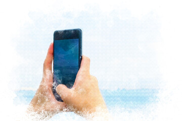 Watercolor young man takes a photo of the sea view with phone camera, selective focus, Watercolor painting smartphone photography concept