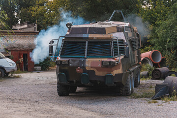 Military ambulance armored personnel carrier designed to evacuate the wounded from the battlefield. Military equipment of Ukraine. Medical armored car based on the BTR-60