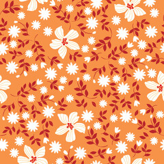 Vintage pattern. White flowers, red leaves. orange background. Seamless vector template for design and fashion prints.