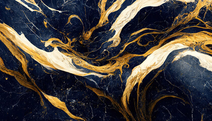 Naklejka na ściany i meble Abstract luxury marble background. Digital art marbling texture. Blue and gold colors. 3d illustration