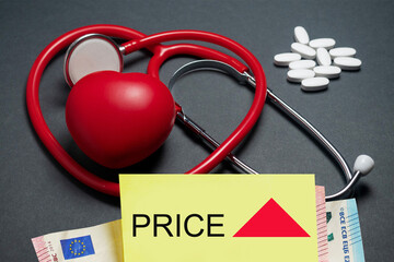 Money and yellow note with sign price and red up triangle, hear, stethoscope and pills in the...
