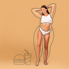 Dieting and weight loss concept. Fast food and drawn outlines around slim female body, collage,...