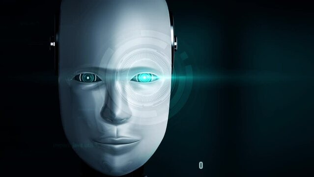 Futuristic robot artificial intelligence huminoid AI programming coding technology development and machine learning concept. Robotic bionic science research for future of human life. 3D rendering.