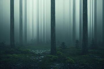Dark autumn forest. Atmospheric foggy woods. 