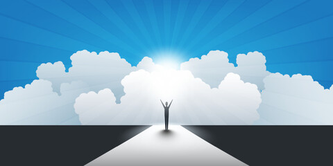 New Possibilities, Hope, Dreams - Business, Solutions Finding or Reaching Heaven Concept Design - Man Standing Under a Cloudy Sky, Rays of Bright Light at the End of the Road