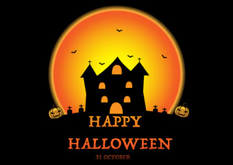 Scary house on the hill among the bush under full moon.Editable vector image,Vector illustration of Halloween background.