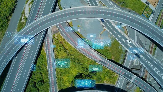 Transportation and technology concept. HUD (Heads up display). ITS (Intelligent Transport Systems). 