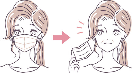 しわ・ほうれい線に悩むマスクを着けた女性のイラスト素材　