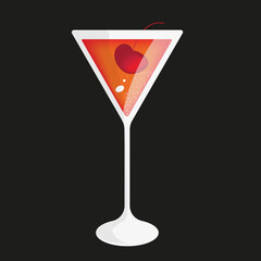 Triangle glass with a cosmopolitan cocktail with cherry on black background. Cut out paper vector illustration with red alcohol cocktail with lemon and  cranberry juice, liqueur and berry.