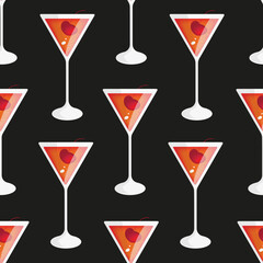 Seamless pattern with triangle glass with a cosmopolitan cocktail with cherry on black background. Vector illustration with red alcohol cocktail with lemon and  cranberry juice, liqueur.