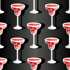 Seamless pattern with glass with a margarita cocktail with cherry on black background. Vector illustration with red alcohol cocktail with tequila and berry.