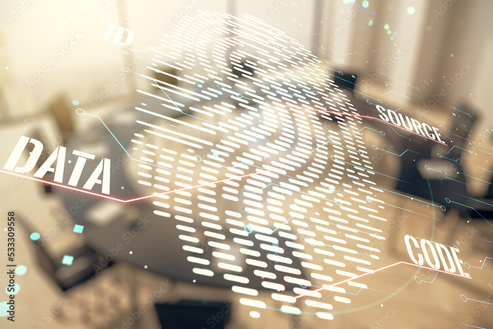 Aufkleber Multi exposure of virtual creative fingerprint hologram on a modern meeting room background, personal biometric data concept