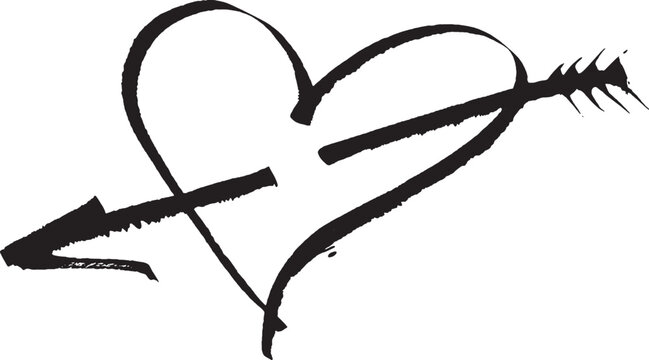 Czarne serce przebite strzałą. Symbol miłości i zakochania. Narysowane czarnym markerem.