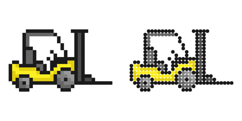 Pixel icon. Forklift to move goods around the warehouse. Transport for unloading and transporting. Simple retro game vector isolated on white background © RNko