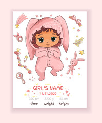 Baby birth card for newborn girl with name, height, weight, date of birth. Cute hand drawn children postcard. Vector Illustration, poster for kids with newborn metric for children bedroom