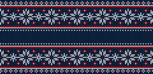Ugly sweater Christmas party border. Knitted background pattern scandinavian ornaments. - obrazy, fototapety, plakaty