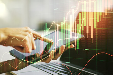 Multi exposure of abstract creative financial graph with finger presses on a digital tablet on background, forex and investment concept
