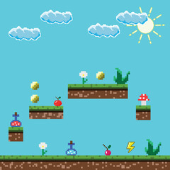 Fototapeta premium Pixel game background with ground, grass, sky and props. Vector illustration