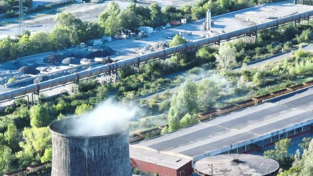 Cooling Towers Emits White Smoke In The Air In Galati, Romania. - aerial