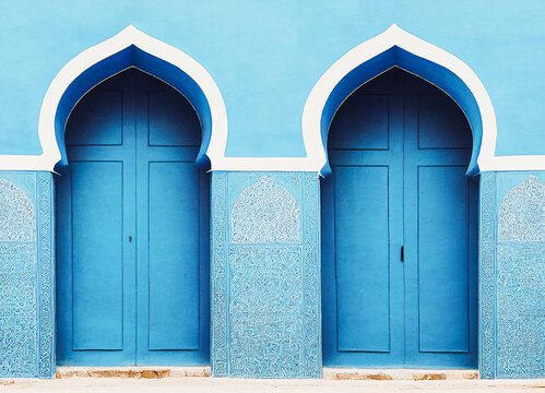 Islamic door on a minimalist facade, traditional architecture and decoration from North Africa, 3D rendering