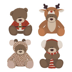 Set of cute christmas teddy bears, teddy bear toy in costume, christmas toys collection.