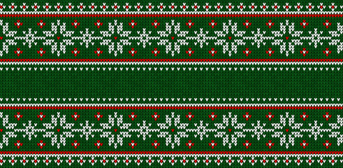 Ugly sweater Christmas party border. Knitted background pattern scandinavian ornaments.