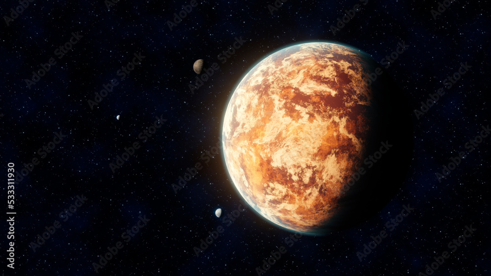 Wall mural view of an unknown science fiction desert planet in reddish tone in space with three small satellite
