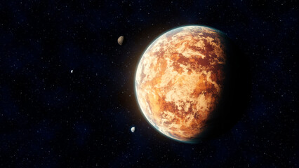 View of an unknown science fiction desert planet  in reddish tone in space with three small satellites in orbit around it. 3D Rendering