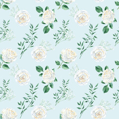 Seamless pattern with white roses, gypsophila and pistachio branches. Watercolor illustration. Can be used for wedding prints, gift wrapping paper, backgrounds for Valentine's day and birthday, farbic