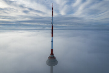 Obraz premium Aerial autumn beautiful morning fog view of Vilnius TV Tower, Lithuania