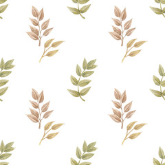 Watercolor seamless pattern with vintage branches with beige, yellow and green leaves isolated on white.