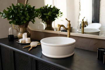 Fototapeta na wymiar Bathroom interior sink on wooden countertop