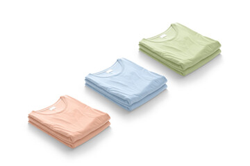 Blank colored folded square t-shirt mockup stack, side view