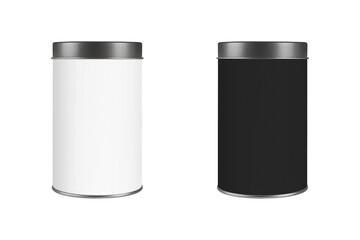 3D Tin Can white and black color product package mockup type cylinder form design, object isolated on white background. 3d rendering.