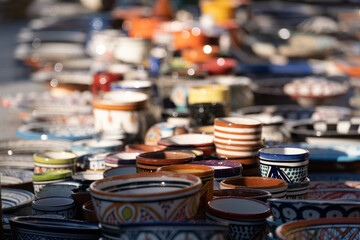 Ceramic stall in a medieval market. craft market