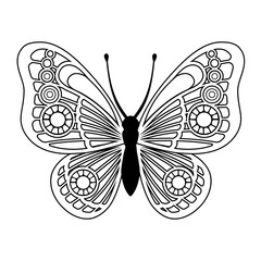 Vector coloring book page. Silhouette of elegant butterfly in mandala style isolated on white background