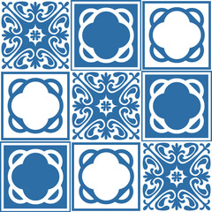 Azulejo blue tiles for wall decoration, traditional portuguese pattern for design and textile, vector illustration