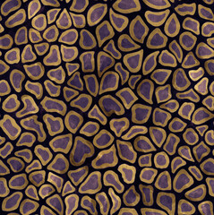 Hand drawn watercolor painting abstract mosaic pattern. Purple and gold colored geometric background. Abstract shapes on textured paper. Template for design, textile, wallpaper, carpet, ceramics.