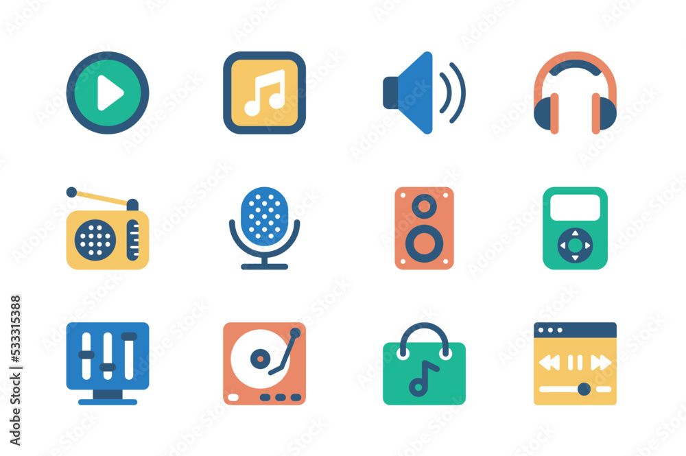 Poster music and radio station concept of web icons set in simple flat design. pack of audio, play, note, v