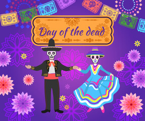 Day of the dead, banner with colorful Mexican flowers. Fiesta, Halloween holiday poster, party flyer, funny greeting card