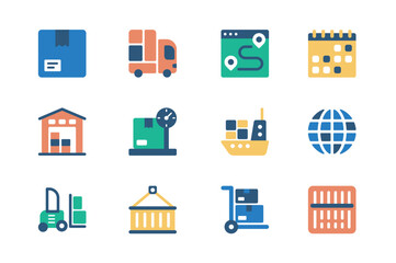 Shipping concept of web icons set in simple flat design. Pack of parcel, truck, logistic, route tracking, calendar, warehouse, weight, shipment, forklift and other.Vector pictograms for mobile app