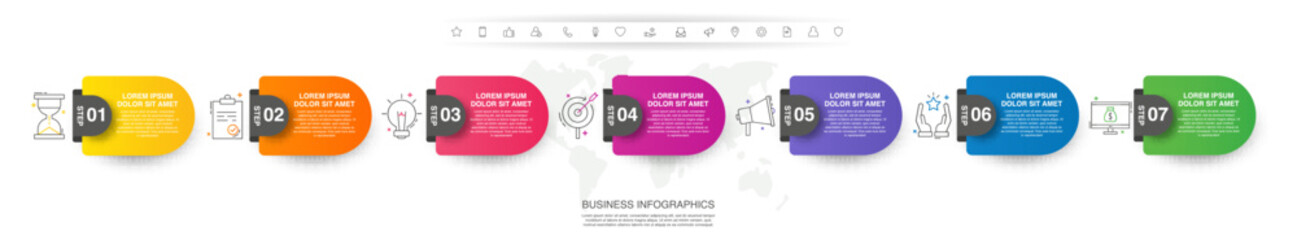 Vector infographic flat template label for 7 steps, diagram, graph, presentation. Business concept with seven options. For content, flowchart, timeline, workflow, and marketing