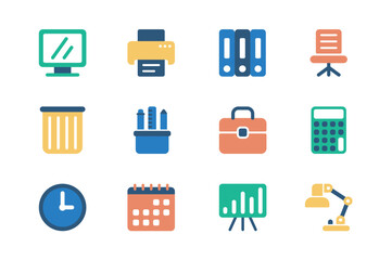 Office supplies concept of web icons set in simple flat design. Pack of computer, printer, folder, document, chair, trash bin, stationery, briefcase, lamp and other.Vector pictograms for mobile app